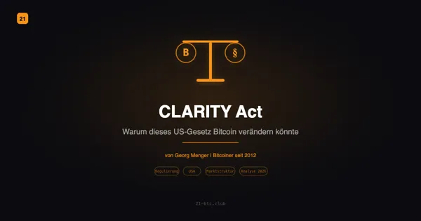 CLARITY Act – Waage mit Bitcoin-Symbol und Paragraphenzeichen auf dunklem Hintergrund, 21 BTC Club