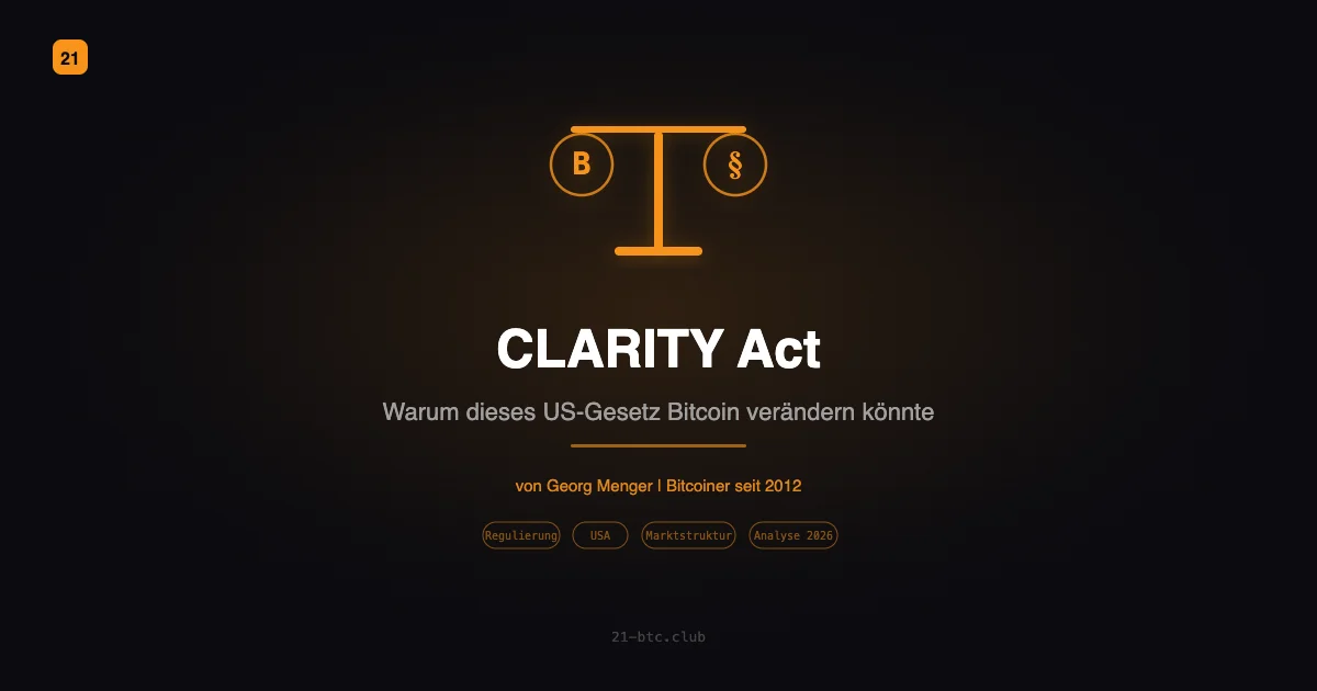 CLARITY Act – Waage mit Bitcoin-Symbol und Paragraphenzeichen auf dunklem Hintergrund, 21 BTC Club