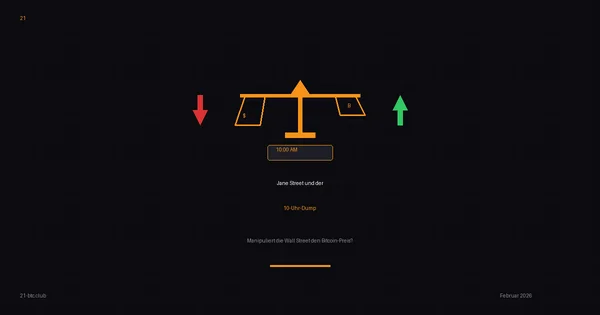 Jane Street Bitcoin Manipulation – Waage mit Wall Street und Bitcoin auf dunklem Hintergrund, 21 BTC Club