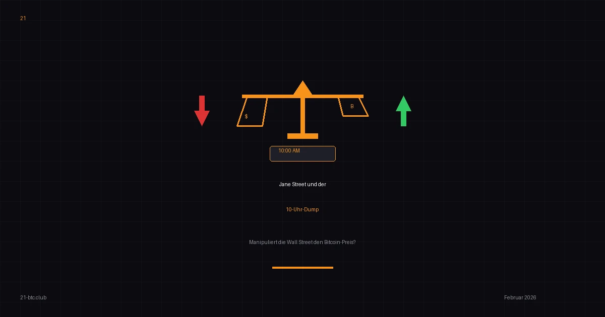 Jane Street Bitcoin Manipulation – Waage mit Wall Street und Bitcoin auf dunklem Hintergrund, 21 BTC Club