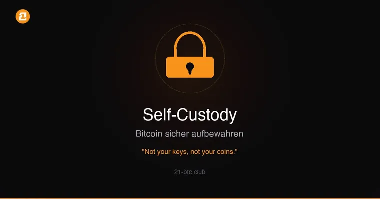 Bitcoin Self-Custody Guide – Schlüssel-Symbol mit Schild auf dunklem Hintergrund, 21 BTC Club